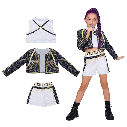 Oirigaga Disfraz de ídolo pop coreano para niños y niñas, juego de cosplay con chaqueta, camiseta sin mangas, pantalones cortos, estilo cazador de anime, disfraz para carnaval y juegos de rol