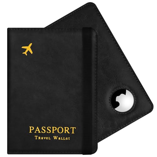 AOOSU Funda Pasaporte, Porta Pasaporte con Bloqueo RFID, Cuero de PU Porta Documentos Viaje con Slot Airtag para Pasaportes Tarjetas Crédito Funda Tarjeta Identific (Negro)