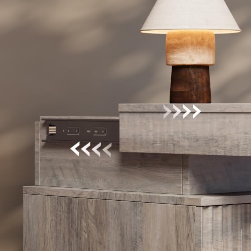 Image of Nightstand Bedside Table with Charging Station & LED Lights, Grey | RGB Lights, Hidden Sliding Top, 2 AC Outlets & 2 USB Ports, 3-Drawer Storage, Modern Fluted End Table for Bedroom