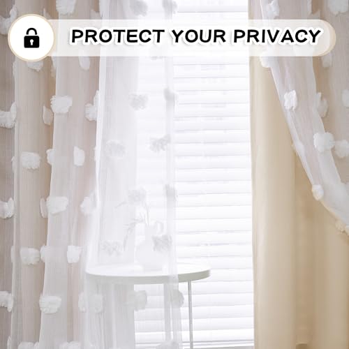 Image of MYSKY HOME Beige Curtains for Bedroom 63 Inch Long Double Layer Curtains for Kids Room Kithen Beige Pom Pom Sheer Nursery Curtains Grommet Room Darkening Window Curtains 2 Panels Set, 52 x 63 Inch