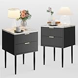 Anbuy Black Marble Nightstands Set of 2 with Gold Handle, Striped Night Stand with Drawers, End Side Table with Faux Marble Top, 2 Drawers End Table Metal Legs for Bedroom, Living Room