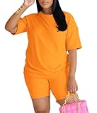 HTD 2 Piece Sets For Women Short Sleeve Sweatsuits Biker Shorts Set Lounge Jogger Tracksuit Outfits Orange M