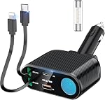 OHLPRO Adaptateur d'allume-cigarette rétractable pour chargeur de voiture, 168W 5 en 1 Chargeur de téléphone rapide Fuse remplaçable intégrée, Splitter de socket avec USB C et USB i Cord, adapté au téléphone, iPad, Galaxy, GPS