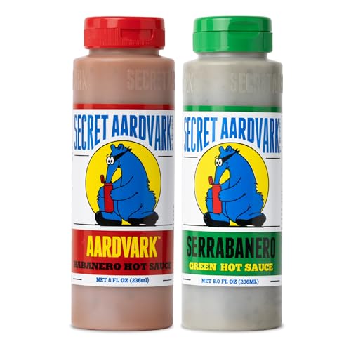 Image of Secret Aardvark Habanero and Serrabanero Hot Sauce, 2-Pack Bundle 8 fl oz | Red and Green Combo, Non-GMO, No HFCS, Vegan, Low Carb, Caribbean Tex-Mex Flavor, Non-GMO, For Tacos and Everyday Cooking