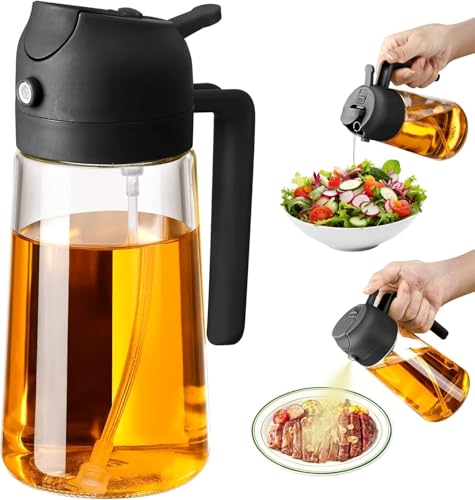 Pulverizador de Aceite 470 ml 2 en 1 – Aceitera Spray Cocina para Freidora de Aire, Ensaladas, Vinagre, Cocina Saludable – Cristal Reutilizable con Boquilla de Rociado y Vertido – Negro