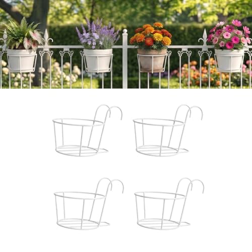 Image of Anti Rust Metal Hanging Planters for Balcony | Round Flowerpot Holder | Railing Planters, Fence Garden Flowerpot, Gamla, Flower Pots for Home and Garden (White - Pack of 4)