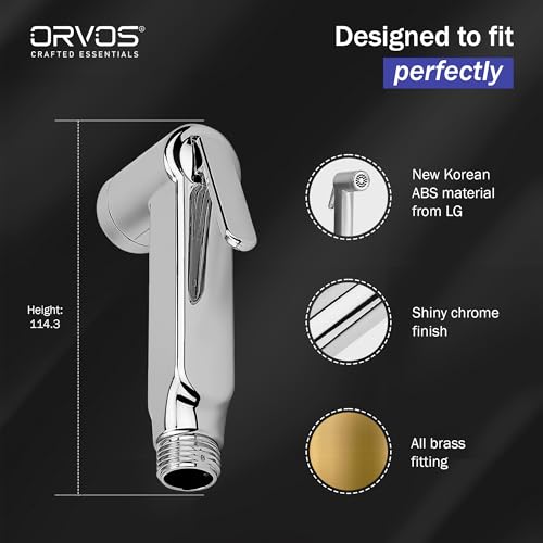 Image of Orvos Health Faucet, Touch Clean nozzles, ABS Outer Body with Brass pin, with 1 to 1.2 Meter extendable SS 304 Shower Hose and wall Hook, Jet Spray for high end Luxury Toilets