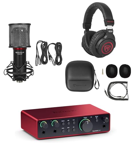 Audiosavings Bundle: Rockville PRO-M50 SR Studio Headphones Bundle with Rockville RCM SR Condenser Microphone + Focusrite Scarlett 2i2 4th Gen Studio Recording USB Audio Interface+Software (3 Items)