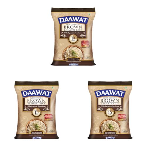 Image of Daawat Brown, Cooks in 15-minute, Full Bran Intact, Fibre-Rich Basmati Rice, 5 Kg (Pack of 3)