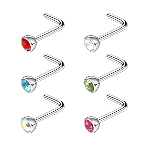 BLISI 6pcs 18G 20G Nose Rings Titanium Nose Piercings Screw with Crystal Stone for Women Nose Rings L-Shaped Nose Studs Set for Women Men 6PCS Set 2 18G 6.5x2