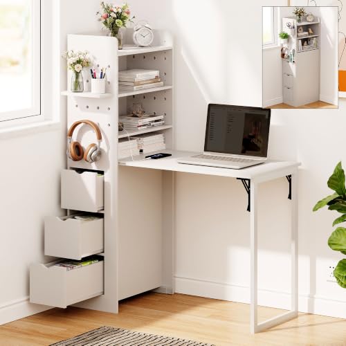 LAUSAINT HOME Wall Mounted Foldable Desk, Space Saving Hidden Desk with Storage & Power Outlet, Fold Out Table for Small Spaces, Home Office Bedroom, White（Tall with Pegboard）