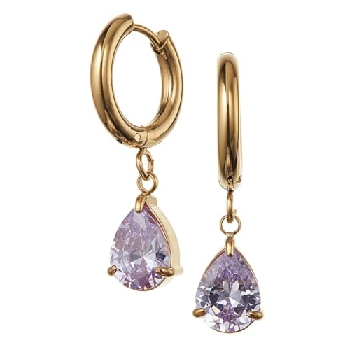 Piena フープピアス レディース サージカルステンレス製 両耳用 ティアドロップ 揺れる つけっぱなし 低刺激 金属アレルギー対応 (ゴールド×ラベンダーアメジスト)