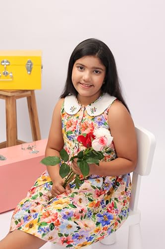 Image of Kids Girls Printed Embroidered Fusion Dress | Handmade Crafted Designer Ethnic Wear | 100% Cotton