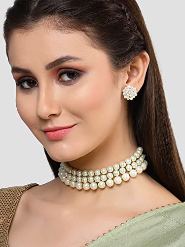 Image of Karatcart Pearl Multilayer Beaded Choker Necklace Set for Women