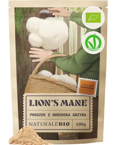 NaturaleBio Grzywa lwa w proszku 100g | 100% ekologiczna, wegańska, bezglutenowa, bez GMO | Wspiera funkcje poznawcze, zdrowie jelit i układ odpornościowy | Bogaty w związki bioaktywne