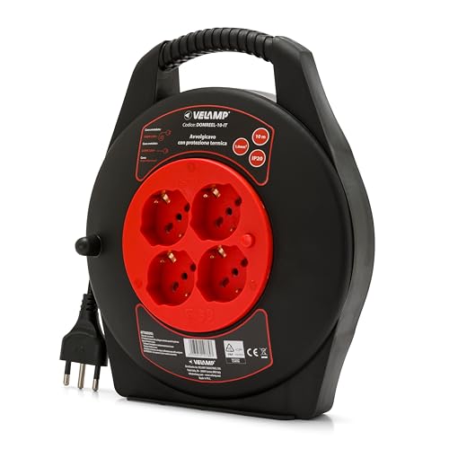 Velamp Prolunga Elettrica con Avvolgicavo 10mt - 4 Prese Polivalenti (Schuko + 10/16A) - Spina Grande 16A - Interruttore di Protezione – Cavo elettrico multipolare 3G Sezione 1,0 mm²