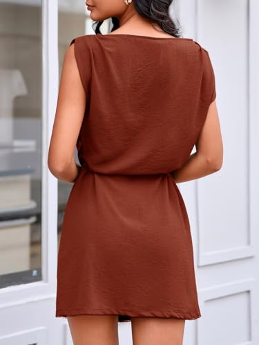 Image of Wenrine Womens 2026 Summer Mini Dress Casual Sleeveless Tie Waist Loose Ruched Beach Vacation Short Sundresses