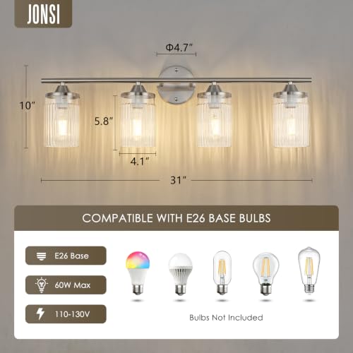Image of Jonsi Nickel Bathroom Light Fixtures 4-Light Vanity Lights Modern Wall Sconce with Clear Glass Shade Brushed Nickel Bathroom Light Fixture Over Mirror for Bedroom Hallway Kitchen