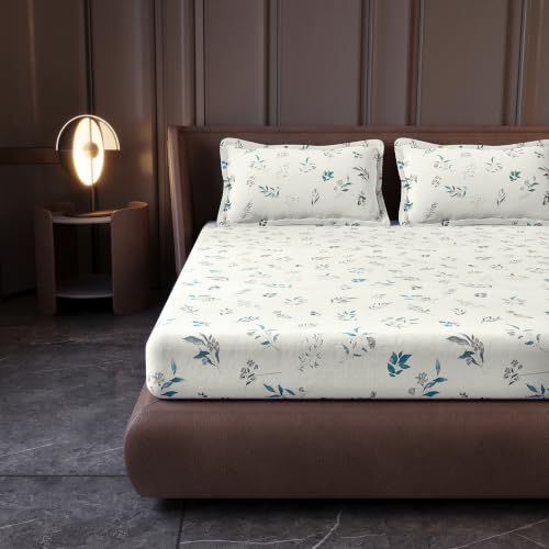 Image of Divine Casa Cotton King Size Bedsheet | 210 TC Soft Breathable Pigment Twill Satin Bed Sheet with 2 Pillow Covers | Luxury Bedding Set | 275 x 275 cm (Cream Beige, Floral)