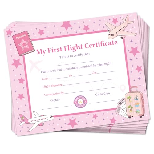 Certificat de premier vol lot de 30 - Diplôme souvenir vierge étoiles roses pour baptême de l'air