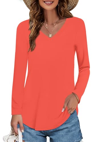 Image of Elesomo Womens T Shirts V Neck Summer Short /Long Sleeve Cotton Tops Tees