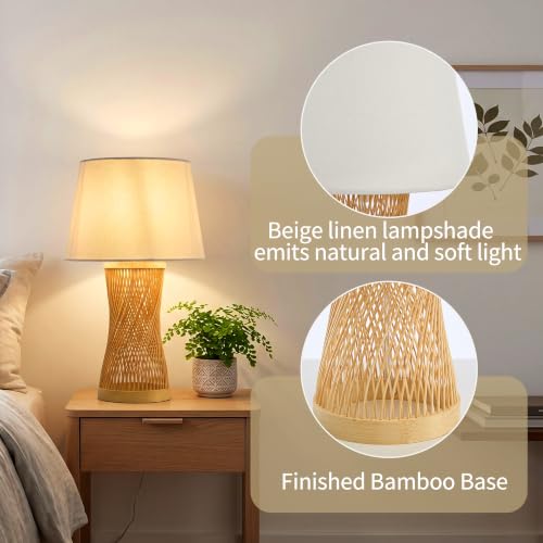 Image of Boho Table Lamp, 17 inch Bamboo Bedside Lamp for Living Room | Farmhouse Nightstand Lamp for Bedrooms, End Tables, Home Decor, Handwoven rattan Base, Linen Shade, E26 Socket