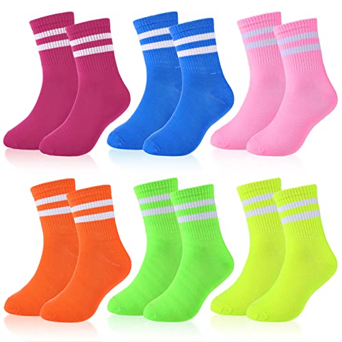 Tarpop 6 Pairs Neon Striped Crew Tube Socks Men Women's Ankle Athletic Short Socks