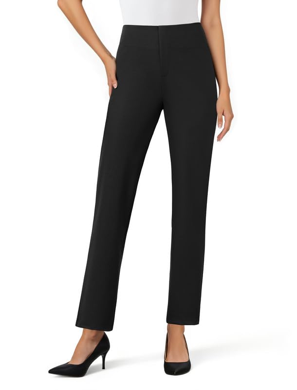 Womens Dress Pants Stretchy Straight Leg Pull On Work Pants High Waisted Business Casual Slacks with Pockets Office