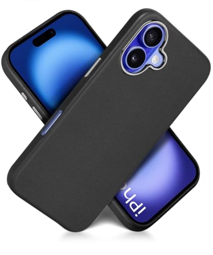 Image of WOW IMAGINE Back Cover for iPhone 16 | Shockproof Tough Leather Texture Hard Mobile Case | Ultra Slim Non-Slip Grip | Inner Velvet Fabric | Metal Camera Ring - Black