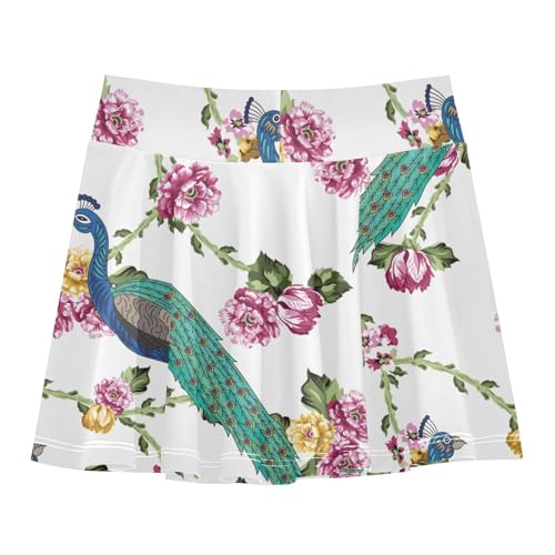 SEINDUS High-Waist Toddler Skirts Pattern with Peacock Pink Flowers Girls' Athletic Skorts for Running Medium