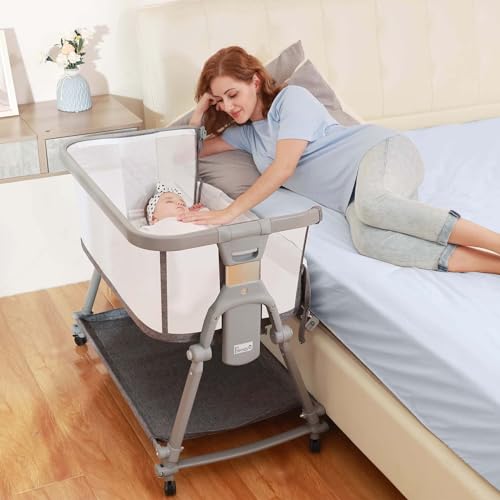 Image of Li’l Pengyu Baby Bassinets Bedside Sleeper for Baby, Foldable Portable Crib for Newborn Babies with Storage Basket, Cotton Mattress, Breathable All Mesh