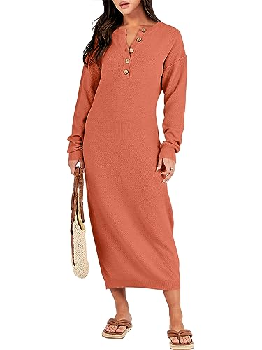 Image of ANRABESS Women Long Sleeve Button V Neck Oversized Casual Loose Fit Waffle Knit Fall Midi Sweater Dress 2026 Trendy Outfits