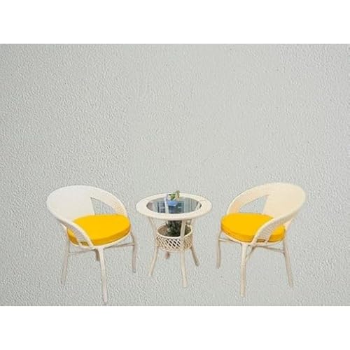 Image of Furniture 2 Chair 1 Table with Cushion for Outdoor, Indoor, Patio, Rattan Chair, Living Room, Dining Room, Garden, Chair Set with Table (D-12 Off White & Yellow 2+1)