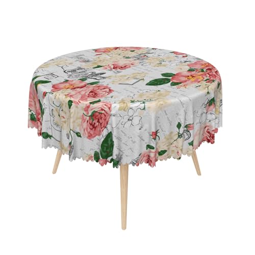 Baocicco Modern Flowers Tablecloth 60 Inch Circle Vintage Style French Flower Seasonal Washable Wrinkle Free Spill Proof Polyester Wedding Birthday Round Table Cover for Dining Table Farmhouse Kitchen