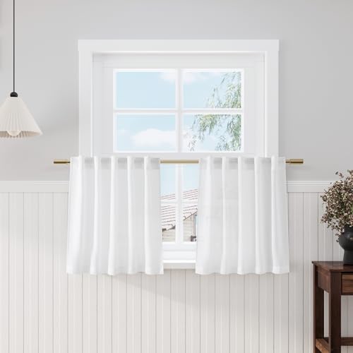Image of Nanspring White Linen Cafe Curtains 24 Inch Length 2 Panels Light Filtering Semi Sheer Mini Curtains for Small Window Basement Bathroom Back Tab Rod Pocket Short Sheer Kitchen Curtain 36x24 Inches
