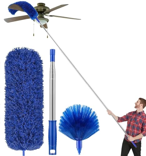 Image of 2 in 1 Long Handle Microfiber Feather Duster with Extension Pole 30-100 Inch with Anti Scratch Bendable Head for Cleaning High Cobweb Stick high Ceiling dusters for Home Cleaning (Blue)