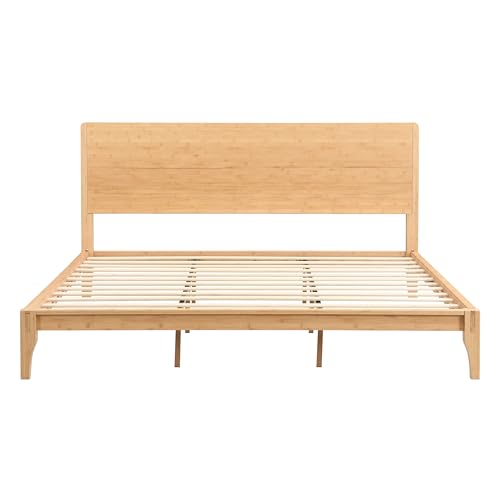 Image of Merax King Size Bamboo Platform Bed Frame with Tall Headboard, Natural | Mid-Century Modern Solid Sustainable Bedframe Full-Size, Wood Slat Support, No Box Spring Needed, Easy Assembly, Noise Free
