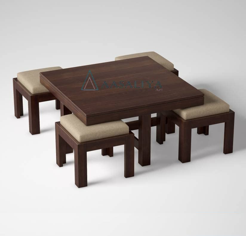 Image of AASALIYA Art Solid Sheesham Wood Coffee Table with 4 Stool | Square Centre Table with Stool | Center Table with 4 Stools for Living Room | Patio Table with 4 Puffy for Home | Rosewood, Brown Espresso