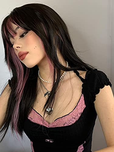 Image of Swiking Black and Pink Long Straight Wig for Women with Bangs Synthetic Hair Heat Resistant Fiber Wig Natural Looking Halloween Party Cosplay Wig