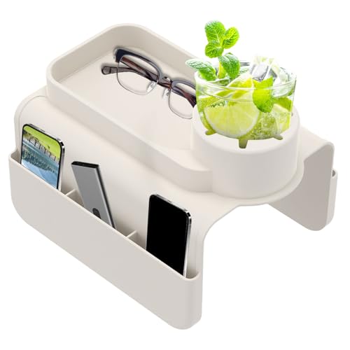 RdjEokf Couch Cup Holder with Tray & Dual-Sided Storage Pocket, Non-Slip & Spill-Resistant Couch Drink Holder Caddy, Strong and Weighted Phone/Remote/Snacks Sofa Cup Holder (White)