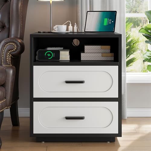 Image of 3 Pieces Bedroom Set, King Size Bed Frame with Storage Headboard, 2 Nightstands with Charging Station, Black
