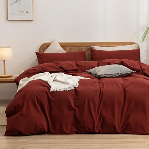 Image of BESTOUCH Cotton Solid Duvet Cover Set Fired Brick Red Super King Plus | 100% Washed Cotton, Soft Wrinkle Texture, Hidden Zipper, 8 Ties, Breathable Lightweight Durable Comfy, 3 Pcs No Insert