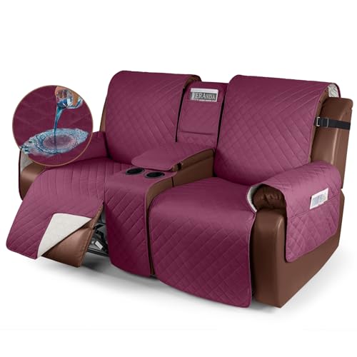 Image of KinCam 100% Waterproof Recliner Loveseat Cover with Console, Non-slip Reclining Couch Covers for 2 Seat, Recliner Sofa Cover Furniture Protector with Elastic Straps for Kids, Pets, Burgundy