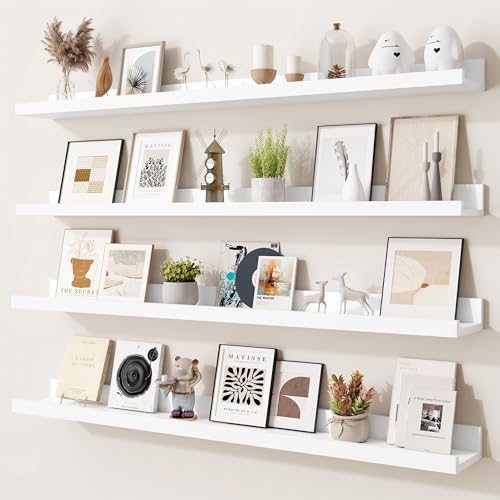Heimlove Picture Ledge Shelf,36 inch Long Floating Shelves for Wall Set of 4,White Picture Shelf with Lip for Wall Decor,Living Room,Bedroom,Bookshelf,Nursery,Perfume