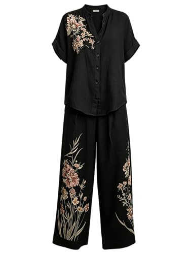 Ensemble bohème d'été en aspect lin imprimé floral avec chemisier et pantalon large