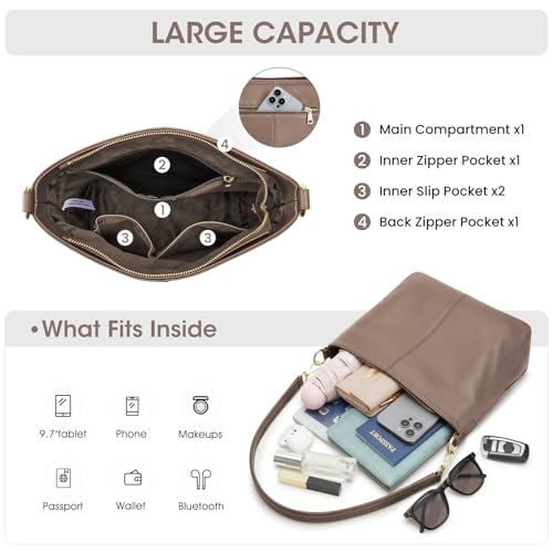 Image of Kattee Leather Crossbody Purse,Handbag Hobo Bag with 2 Straps,Khaki | Top grain pebbled leather with 2 magnetic pockets and 2 straps for crossbody or shoulder, ideal for work and travel.