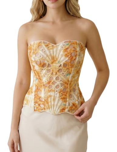 Bistonny Corset Tops for Women Lace Up Overbust Bustier Sexy Floral Lace Waist Cincher Going Out Club Party Y2K Tops Burgundy Yellow Large