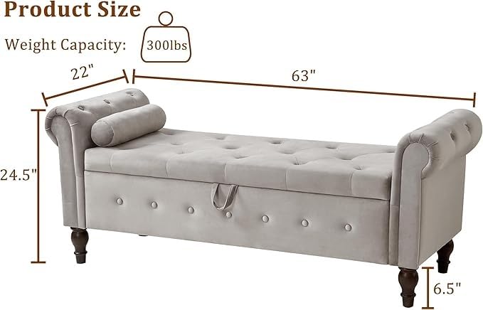 Image of LEGACY OF COMFORT F4 Velvet Upholstered Storage Bench Sofa Bench Sofa couches Rolled Arm Window Bench Ottoman Bench 2 Seater Sofa Chaise Lounger or Living Room Bedroom Office (Light Grey)