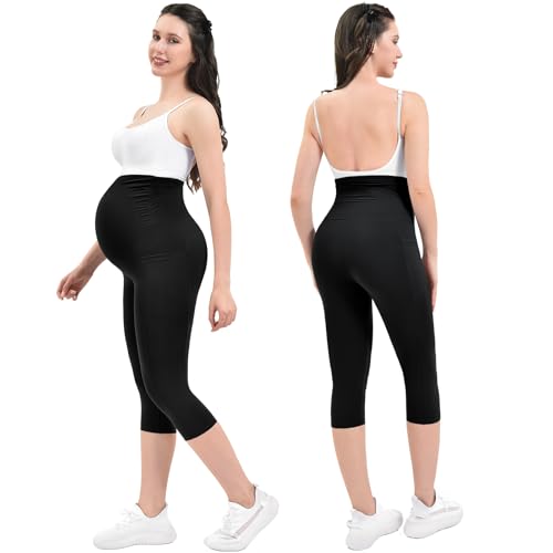 Ipletix Maternity Capris Leggings with Pockets Over The Belly, Yoga Workout Pants for Pregnancy & Postpartum Black XXL — view 2