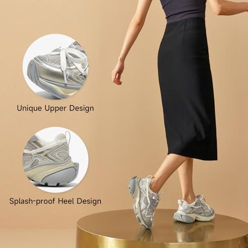 BEAU TODAY Womens Platform Fashion Sneakers, Chunky Leather Walking Shoes for Women, Casual Dress Comfortable Non-Slip Lace-up Mesh Running Gym Shoes4